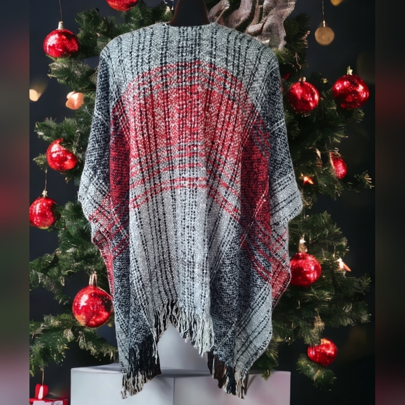 Cejon One Size Cape Shawl Blanket Sweater Wrap Poncho Grey Red - Picture 2 of 5
